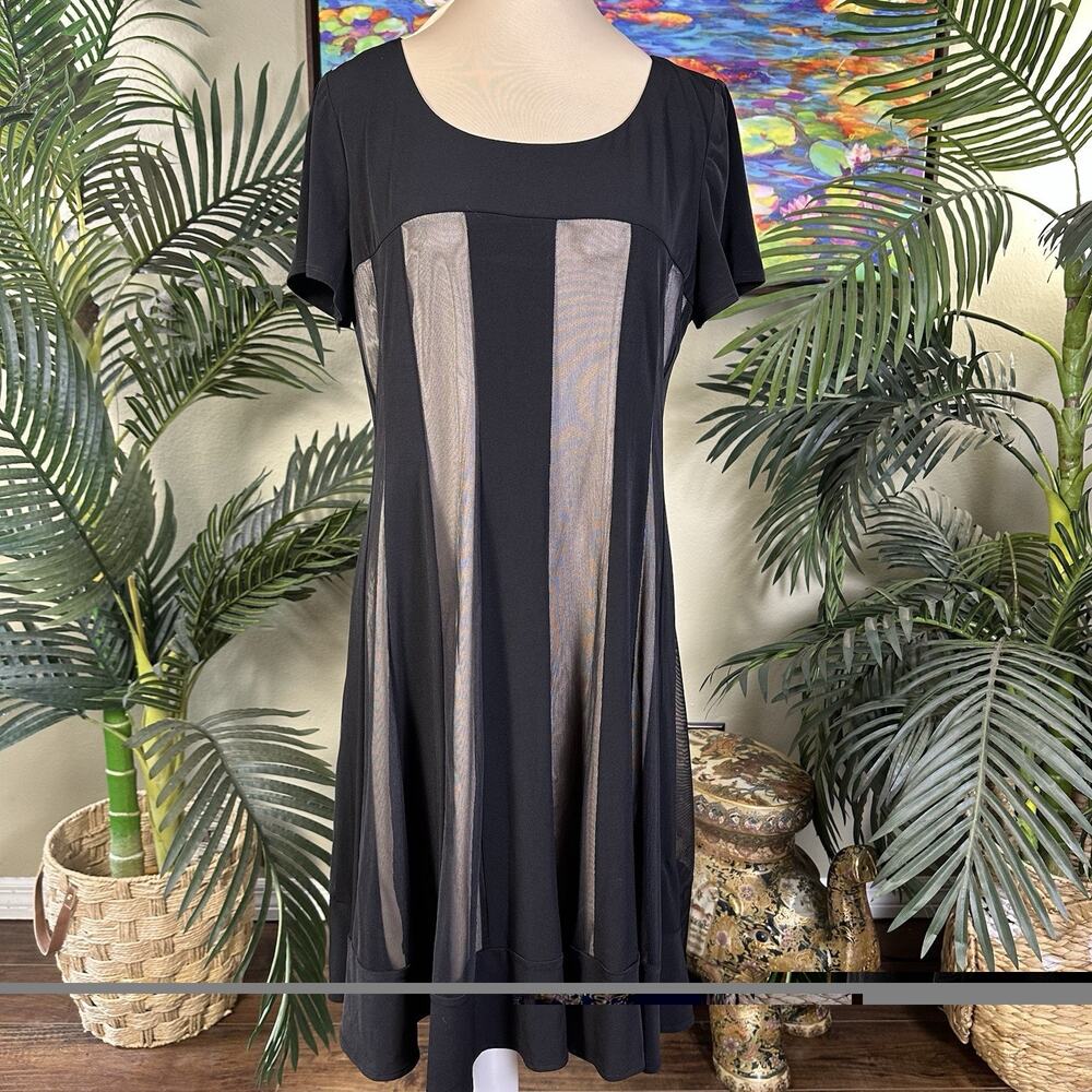 R & M Richards Dress 12P petite Black Stretch sheer over Tan liner